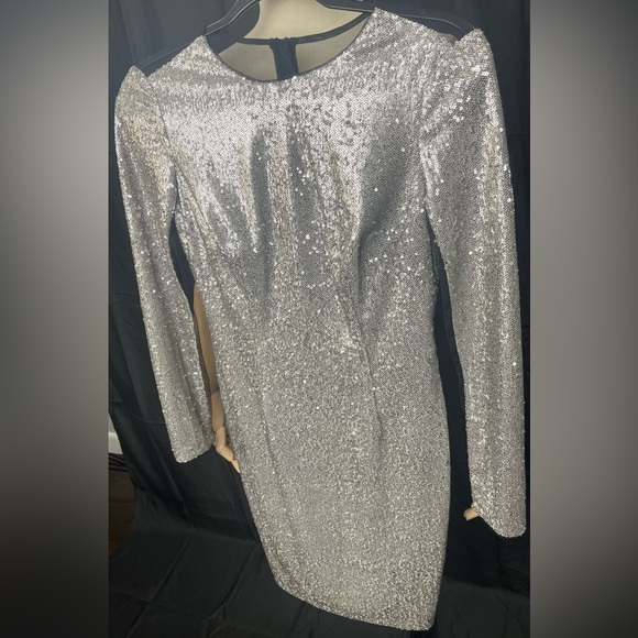 Gianni Bini Silver Sequin Mini Gown with Sheer Back - Picture 2 of 5